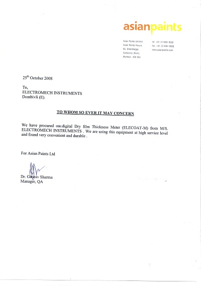 Asian Paints Certificate